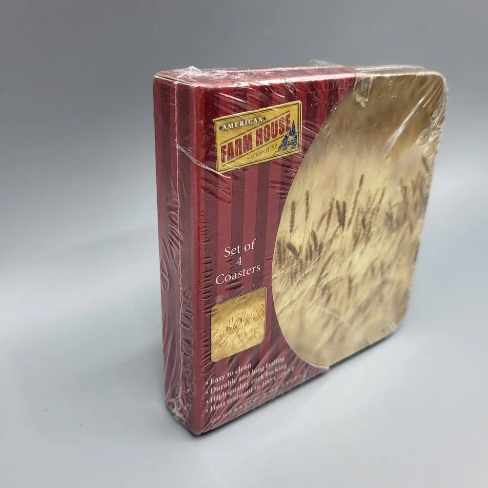 American Farm House Coasters Set of 4 Wheat Field Harvest Cork Backed Brown